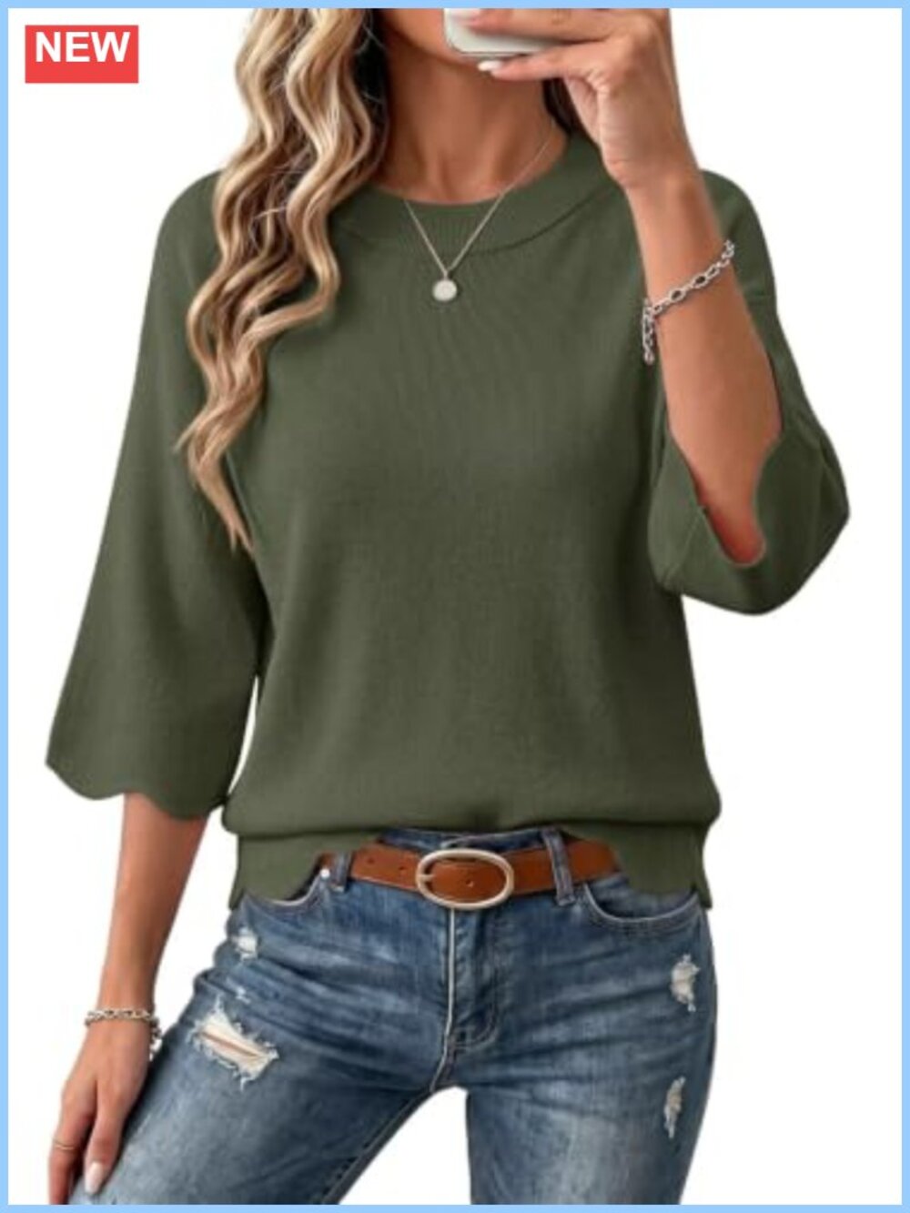 Womens Oversized 3/4 Sleeve Crewneck Scalloped Hem Lightweight Knit Sweater